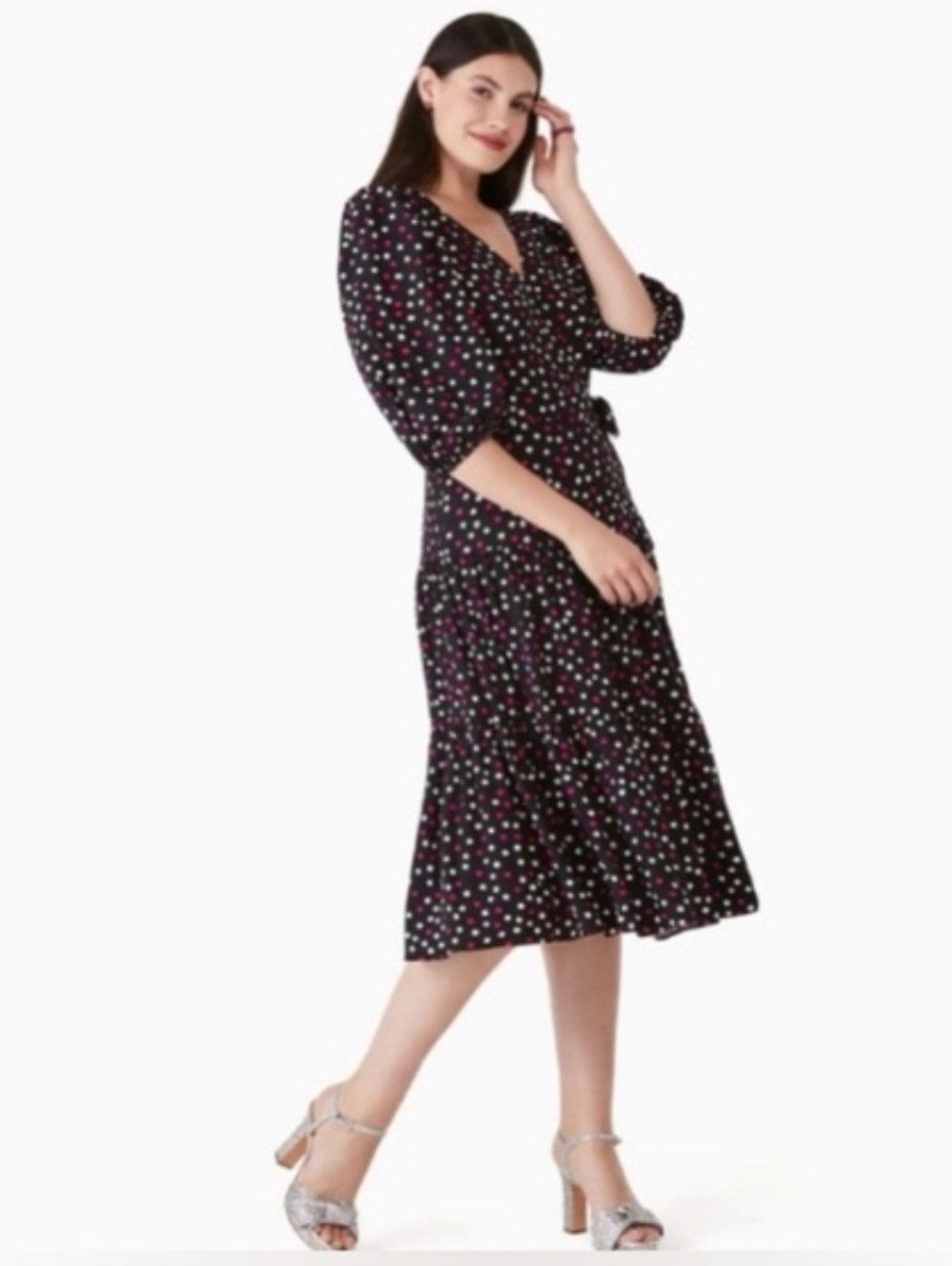 Kate Spade Black Polka Dot Midi Wrap Dress with Pink & White Dots Size M